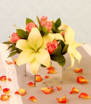 White Lilies And Pink Roses In Vase