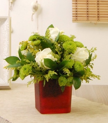 White Roses And Chrysanthemums In Vase