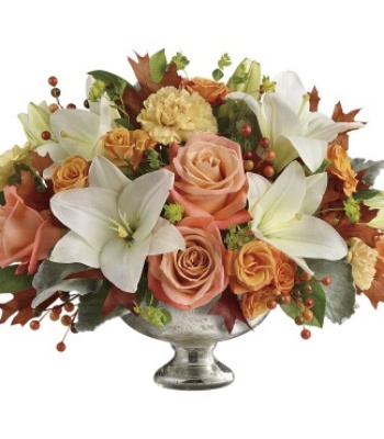 Centerpiece Of White Lilies and Peach Roses