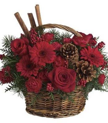 Christmas Basket Of Bold Red Flowers & Cinnamon Sticks