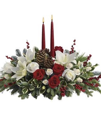 Classic Christmas Centerpiece With White Pine & Roses