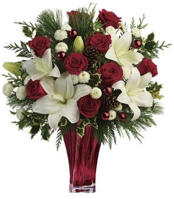 Christmas Special - Red Roses & White Lilies In Glass Vase