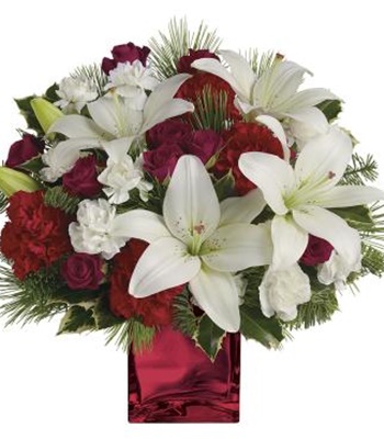 Christmas Roses And Asiatic Lilies In Red Mirrored Cube