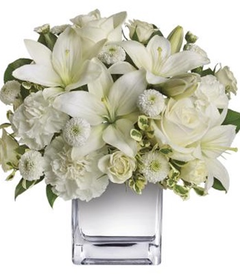 Christmas White Roses & Lilies In Chic Mirrored Silver Cube