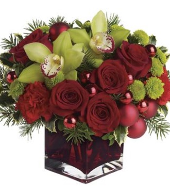 Merry & Bright Christmas Arrangement In Red Cube Vase