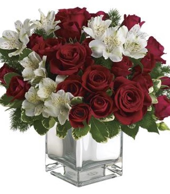 Red Roses & White Alstroemeria Christmas Arrangement In Vase