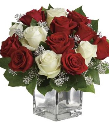 Red And White Christmas Roses In Dazzling Mirrored Cube