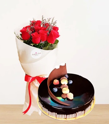 Red Roses With Chocolate Truffle Cake