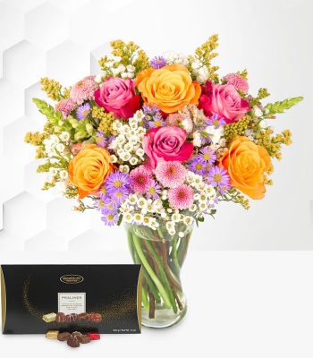 Aster With Mix Flowers And Chocolate Box