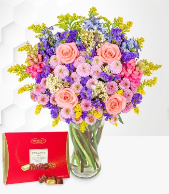 Blue Delphinium With Mix Flowers And Chocolates