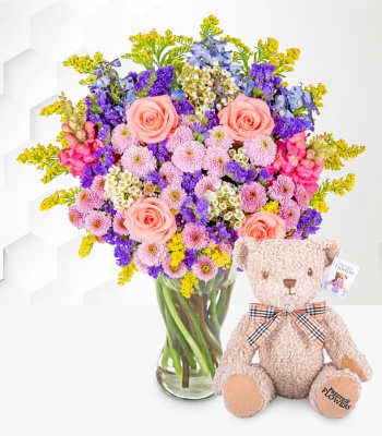 Blue Delphinium With Mix Flowers And Teddy Bear