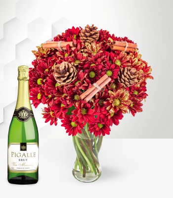 Christmas Flowers with Cinnamon Sticks and Sparkling Wine