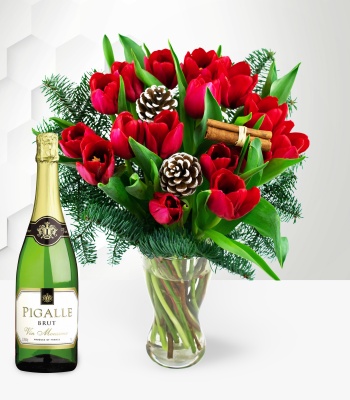 Christmas Red Tulips and Sparkling Wine