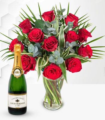 Dozen Red Roses With Champagne