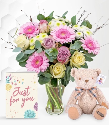 Fragrant Roses With Teddy Bear And Card