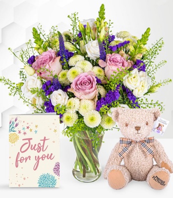 Mix Flowers With Teddy And Card