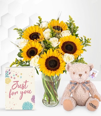 Mixed Flowers With Teddy And Card