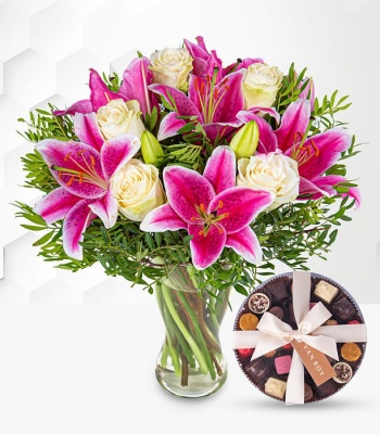 Pink Lilies And Roses With Belgian Chocolates