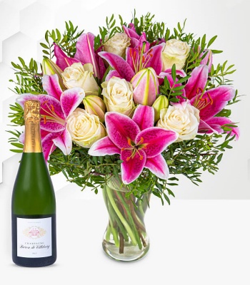 Pink Lilies And Roses With Champagne