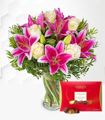 Pink Lilies And Roses With Chocolates