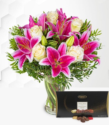 Pink Lilies And Roses With Luxury Chocolates