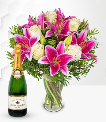 Pink Lily And Rose With Champagne