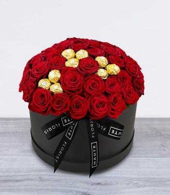 Red Roses In Hatbox With Ferrero Rocher Chocolates