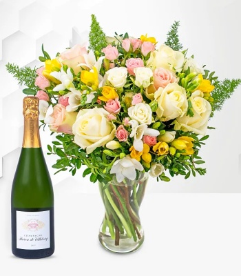 Rose And Freesia Flowers With Champagne