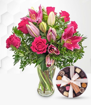 Rose And Lily With Belgian Chocolates