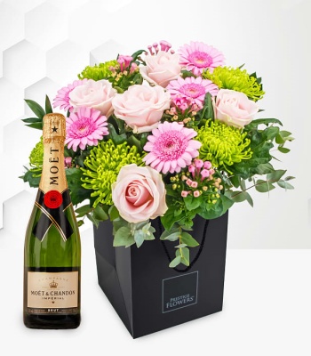 Roses And Germini Flowers With Moet Champagne