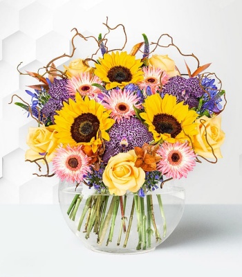 Sunflowers And Roses In Hatbox