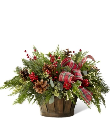 Assorted Christmas Greens in Wooden Basket.