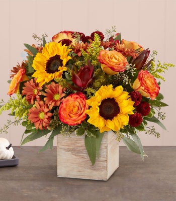 Autumn Harvest Flowers in Glass Vase