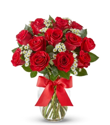 Dozen Red Roses In Glass Vase