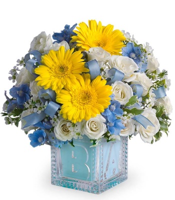 Flowers With Keepsake Baby Block - Blue