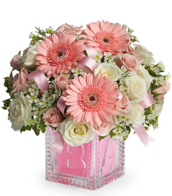 Flowers With Keepsake Baby Block - Pink