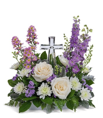 Funeral Flowers With Crystal Cross - Blue And White