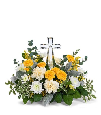 Funeral Flowers With Crystal Cross - Yellow And White