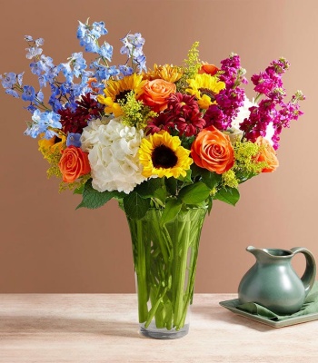 Hydrangeas and Mix Flowers in Cylinder Vase