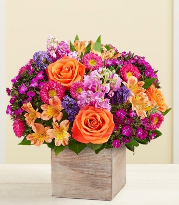 Mix Flowers in Wooden Box