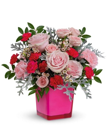 Pink Flowers In Glass Cube Vase