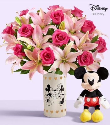 Pink Rose and Lily with Mickey Mouse and Minnie Mouse in Love Vase