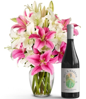 Pink and White Lilies with Red Wine