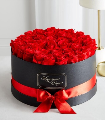 Preserved Red Roses in Hat Box