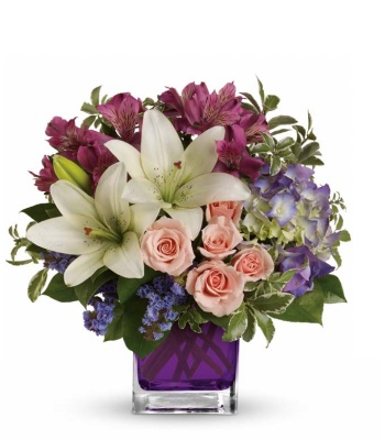 Purple Hydrangea With Mix Flowers And Vase