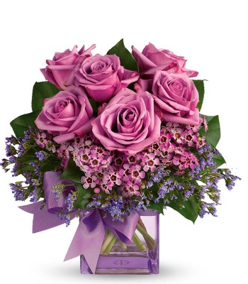 Purple Roses In Square Glass Vase