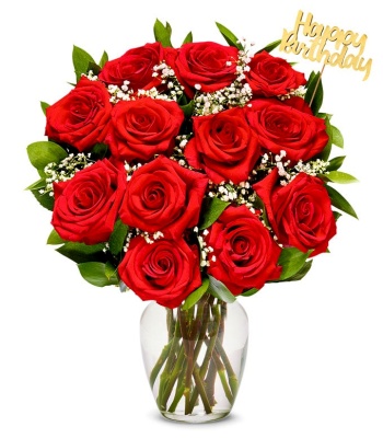 Red Roses With Birthday Pick