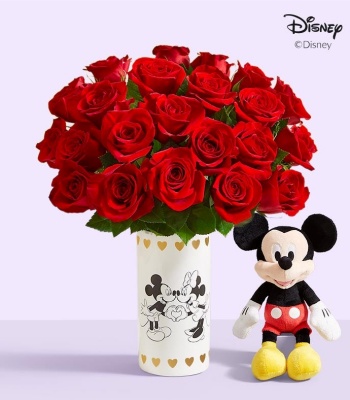 Red Roses with Mickey Mouse and Minnie Mouse in Love Vase