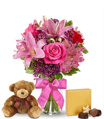 Rose And Lily Flower Bouquet With Teddy Bear And Chocolate