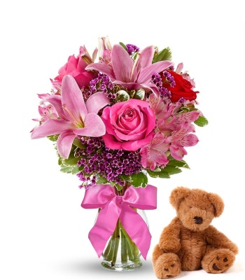 Rose And Lily Flower Bouquet With Teddy Bear